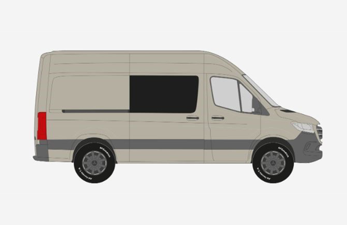 Ein beigefarbener Lieferwagen von der Seite, mit schwarzen und grauen Akzenten.