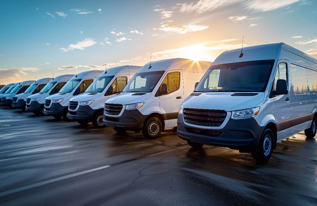 eine Reihe von Kleinbussen, die für den Transport von Waren auf dem Parkplatz bereit sind, vor dem Hintergrund des Himmels. Generative KI