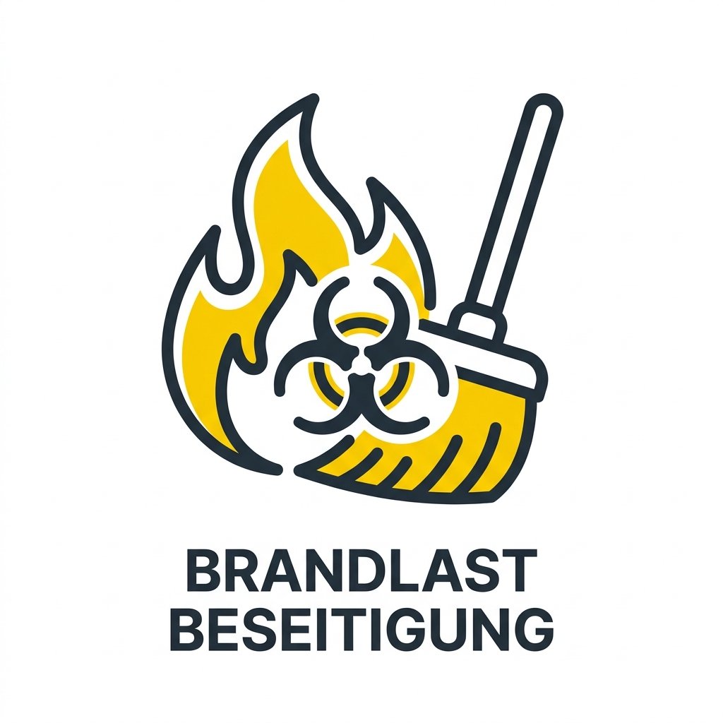 Logo mit gelber Flamme Biohazard Symbol und Besen Schriftzug Brandlast Beseitigung