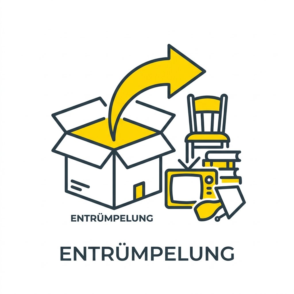 Gelb graues Entruempelungslogo mit Karton Pfeil Stuhl und Moebeln