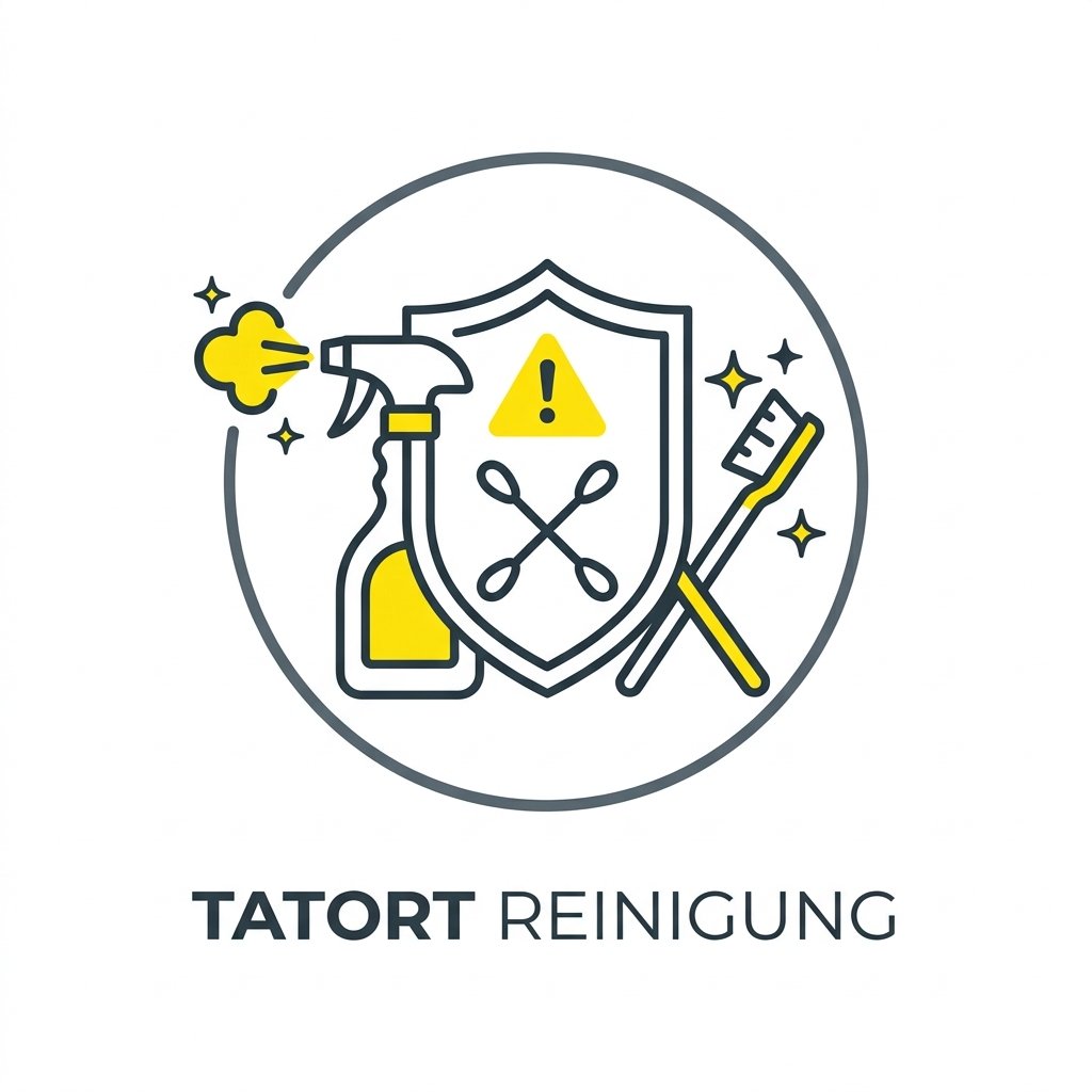 Logo mit Sprühflasche Schild und Warnzeichen in Gelb fuer Tatort Reinigung