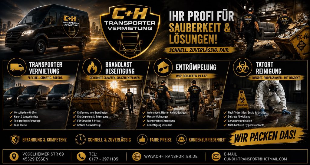 Werbebanner der Firma C und H Transportervermietung in Schwarz und Gold